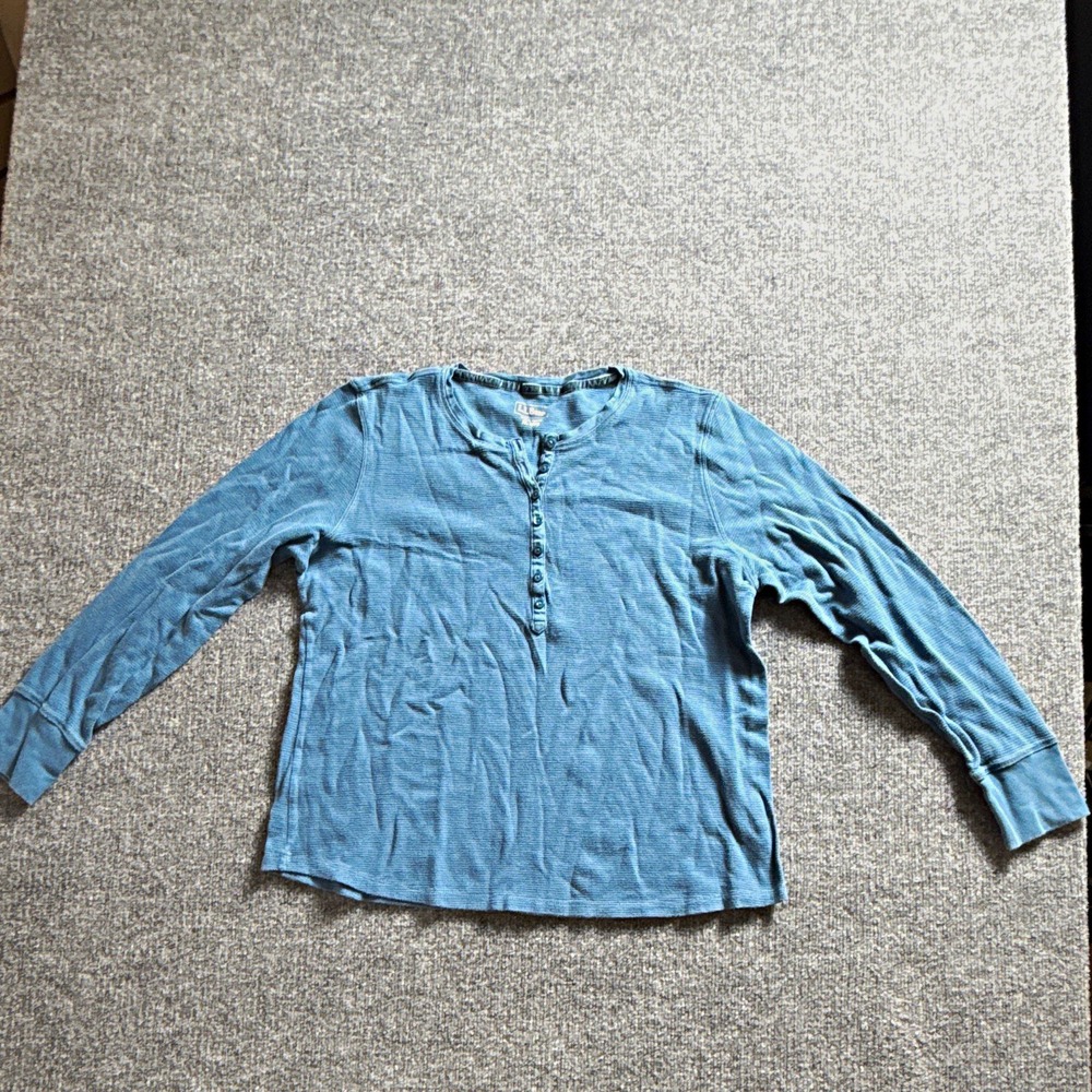 L.L.Bean Women Long Sleeve Henley T-Shirt Turquoise Solid Knit Button XL Regular